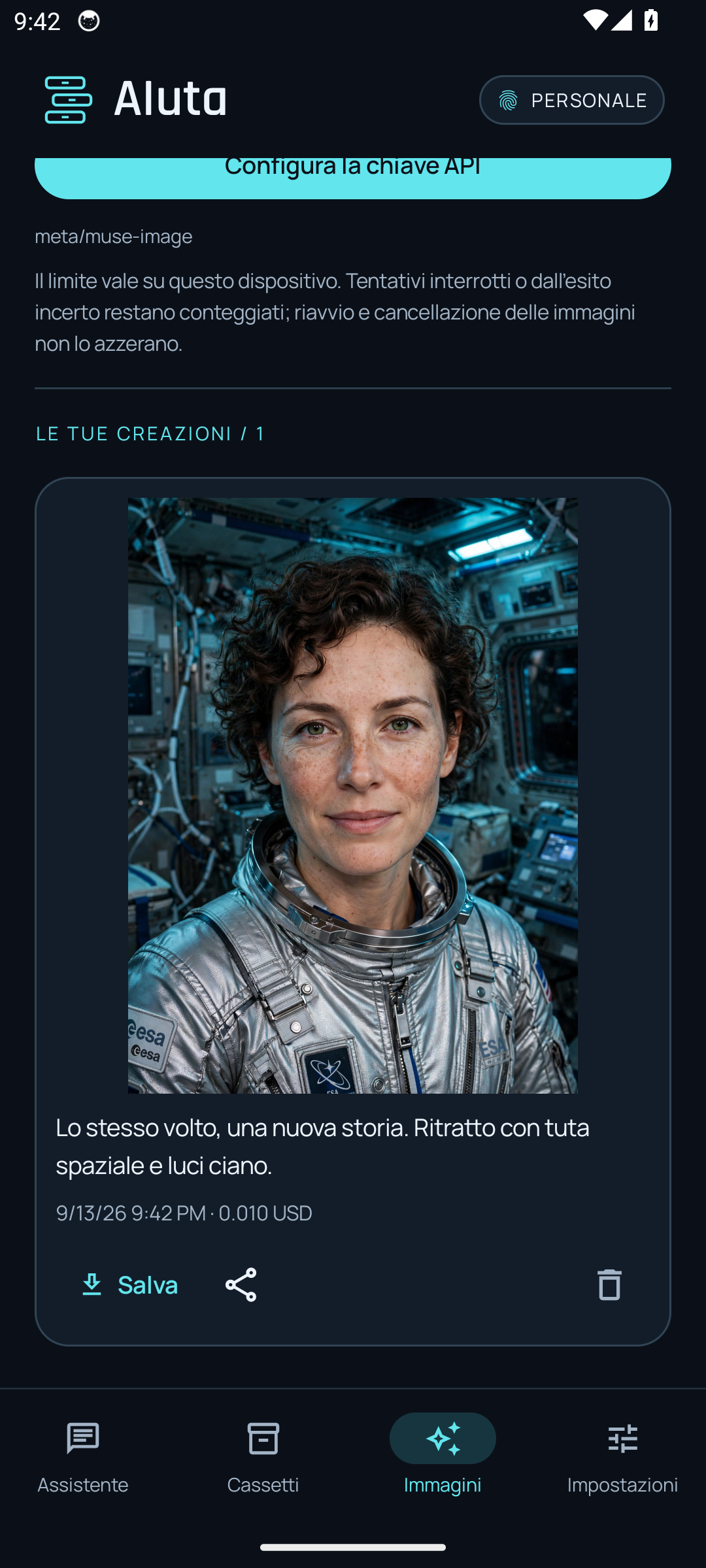 Un ritratto reinterpretato in tuta spaziale nello studio immagini di AIuta